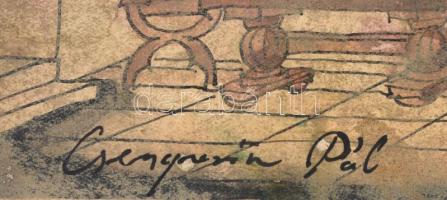 Csergezán jelzéssel: Vadászkastély. Vegyestechnika, papír, farostra kasírozva. Erősen foltos, hullám...