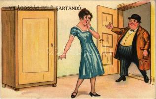 Humoros világosság felé tartandó lap / husband-wife humour, cheating. W.S.S.B. 1035. hold to light litho