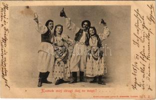 1901 Kumek moj dragi daj se napi! / Croatian folklore, getting drunk. R. Mosinger S. I. 2. + BROD - NAGY-KANIZSA 62. SZ. vasúti mozgóposta bélyegző