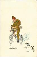 A cél előtt? / Hungarian military humour art postcard, soldier on bicycle s: Pálffy (EK)