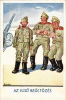 Az első beöltözés / Hungarian military humour art postcard s: Bernáth (EK)