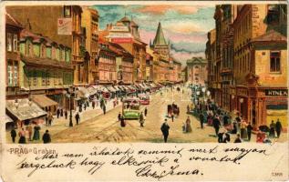 1899 Praha, Prag, Prague; Graben / street view, trams, shops, litho (EK)