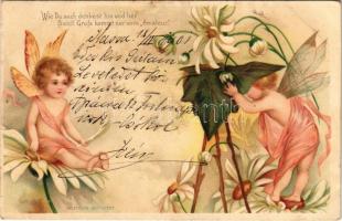 1901 Wie Du auch denkest hin und her... / Floral greeting card with fairies. litho