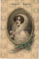 1905 Glückliches Neujahr! / New Year greeting card with lady. M. M. Vienne Nr. 229. s: R. R. v. Wichera