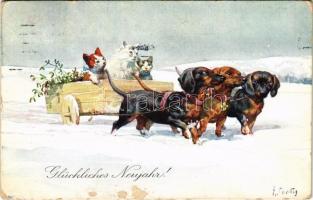 1918 Glückliches Neujahr! / New Year greeting card with dogs pulling cats in a cart. B.K.W.I. 2670-6. s: K. Feiertag (fa)
