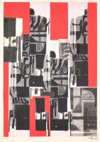 Lakner jelzéssel, kétoldalas mű: Fekete-piros kompozíció (hátoldalán geometrikus alakzatok). Kollázs, papír, paszpartuban, 40x28 cm