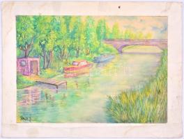 Pituk jelzéssel: Folyópart. Akvarell, papír, foltos papírra kasírozva, 30x42 cm