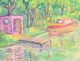 Pituk jelzéssel: Folyópart. Akvarell, papír, foltos papírra kasírozva, 30x42 cm