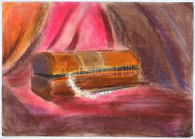 Kunffy jelzéssel: Ékszeres doboz. Pasztell, papír, paró szakadásokkal, lap sarkaiban kisebb gyűrődés...