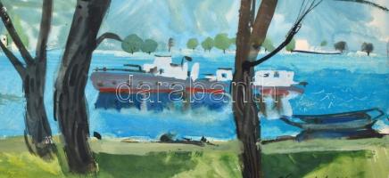 Kernstok jelzéssel: Folyópart. Akvarell, papír, lap sarkaiban ragasztás maradványaival, 30,5x43 cm