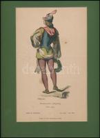 5 db, középkori és újkori viseleteket ábrázoló acélmetszet  paszpartuban, 23x16 és 25x16 cm közötti ...