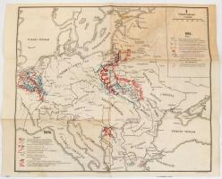 I. világháború, a frontvonalak 1914-1915-ben, kétoldalas térképvázlat, 1: 750.000, kiadja: Czékus Zoltán, Bp., Pöhm J.-ny., hajtásnyomokkal, 34x42 cm