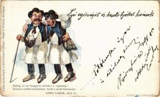 1900 Göre Gábor bíró úr. Göre levelezőlapok és Göre könyvek kiadója Singer és Wolfner. Márkus Samu színnyomata / Hungarian humorous folklore rhyme, drunk men (kopott sarkak / worn corners)