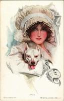 Pals. Lady with dog art postcard. Reinthal & Newman s: Harrison Fisher (wet corner)