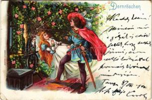 1900 Dornröschen / Sleeping beauty. Romantic couple art postcard, litho (EK)