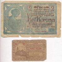 Pécs 1919. 20f "Házipénztár-pénztárjegy" + Pécs 1920. 2K T:III-,IV Adamo PÉC-13.2, 14.1