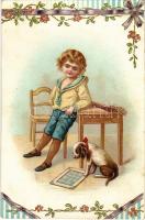 Child with dog. Art Nouveau, floral, litho (EK)