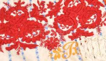 Rátétes párnahuzat, hímzett zsákvászon, 50x35 cm + Matyó hímzés, R.J. monogrammal, 50x15 cm