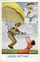 Légből pottyant / Hungarian military humour art postcard, military aircraft, pilot with parachute s: Bernáth (EK)