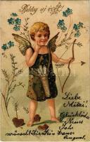 1905 Boldog Újévet! / New Year greeting card with Cupid. Emb. litho (EK)