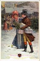 Fröhliche Weihnachten / Christmas greeting art postcard, romantic couple with gifts at the market. Deutscher Schulverein Karte Nr. 672. s: J. Kränzle