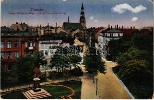 1925 Zwickau, Kaiser Wilhelm Platz mit Bismarckdenkmal / square, monument, church. Heliokolorkarte von Ottmar Zieher (small tear)