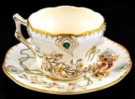 Francia Sarreguemines fajansz csésze és alj, jelzett, részben kézzel festett, apró kopásnyomokkal, d...