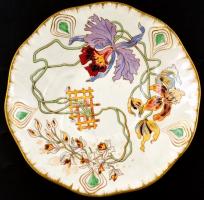 Francia Sarreguemines fajansz csésze és alj, jelzett, részben kézzel festett, apró kopásnyomokkal, d...