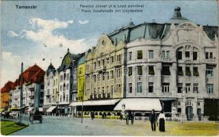 1917 Temesvár, Timisoara; Ferenc József út a Lloyd palotával, Lloyd kávéház, üzletek / street view, Lloyd palace, hotel, café, shops + " K.u.K. Garnisonsspital No. 21. Chirurgische Baracken"