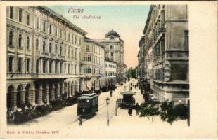 Fiume, Rijeka; Via Andrássy / street view, tram, Grand Hotel Europe, Hotel Lloyd. Koch & Bitriol 1470. (EK)