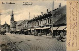 1904 Nagybecskerek, Zrenjanin, Veliki Beckerek;  Hunyadi utca, piac, üzletek, templom / street view, shops, market vendors, church (EK)