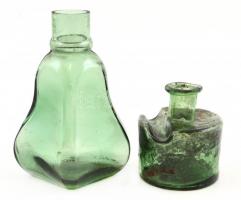 2 db kis méretű régi (tintás?) halvány zöld üveg, apró kopásnyomokkal, m: 6 és 11 cm