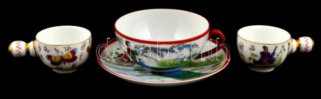 Kínai porcelán tétel: Teás csésze és alj, részben kézzel festett, jelzett, hibátlan, d: 9 cm és 13,5 cm + 2 db füles fűszer tartó vagy csésze, részben kézzel festett, jelzett, hibátlan, d: 5,5 cm, m: 4 cm