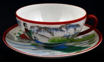 Kínai porcelán tétel: Teás csésze és alj, részben kézzel festett, jelzett, hibátlan, d: 9 cm és 13,5...