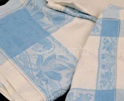 Régi damaszt szalvéta (6 db) és abrosz (asztalterítő, 1 db), kék virág mintával díszített, jó állapo...