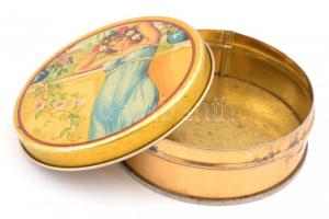 cca 1930 Első Kecskeméti Konzervgyár R.T. fém díszdoboza, a tető belső oldalán jelzett, kopottas áll...