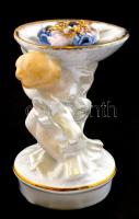 Camina román figurális porcelán, virágos tálat tartó puttó, kézzel festett, jelzett, hibátlan, m: 10...