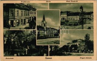 1942 Csorna, Erzsébet utca, Zárda, Szent István tér, Polgári fiúiskola, park, Stern Dávid üzlete