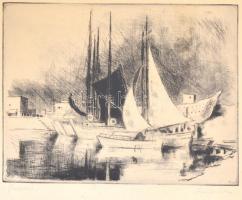 Szőnyi István (1894-1960): Yachtok. Rézkarc, papír, jelzett, apró foltokkal, díszes üvegezett keretben, 23,5×31 cm