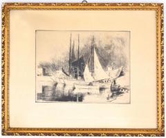 Szőnyi István (1894-1960): Yachtok. Rézkarc, papír, jelzett, apró foltokkal, díszes üvegezett keretb...