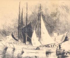 Szőnyi István (1894-1960): Yachtok. Rézkarc, papír, jelzett, apró foltokkal, díszes üvegezett keretb...