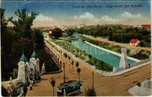 Temesvár, Timisoara; Gyárváros, Béga folyó, liget és bejárata, villamos / Fabrica, river, tram, park