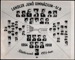 1968 Budapest, Landler Jenő Gimnázium tanárai és végzős diákjai (IV. B. osztály), kistabló nevesített portrékkal, 24x30 cm