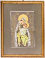 Mottl Hortenzia (1920-2002): Anya gyermekével. Vegyes technika, papír, jelzett, díszes, üvegezett fa...