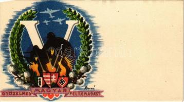 Győzelmes magyar feltámadást! / WWII Hungarian irredenta propaganda with swastika, mini greeting card (12 cm x 7 cm) s: Bozó (non PC)