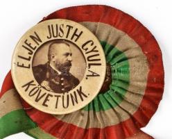 cca 1900 Justh Gyula választási jelvény, nemzeti színű szalagon, kopottas állapotban, h: 19,5 cm