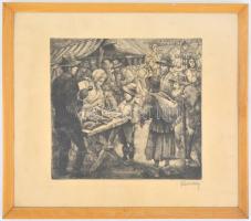 Remsey Jenő (1885-1970): Piac bohóccal. Rézkarc, papír, jelzett, üvegezett keretben, 29,5x32,5 cm