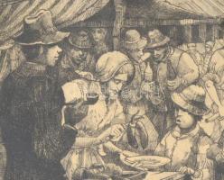 Remsey Jenő (1885-1970): Piac bohóccal. Rézkarc, papír, jelzett, üvegezett keretben, 29,5x32,5 cm