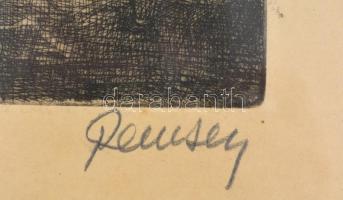 Remsey Jenő (1885-1970): Piac bohóccal. Rézkarc, papír, jelzett, üvegezett keretben, 29,5x32,5 cm