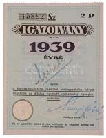~1930-1940. "Baross Szövetség" aranyozott, zománcozott gomblyukjelvény 1939-es igazolvánny...